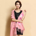 Top Grade Jacquard Flower Long Wool Shawls Scarf Women Winter Thicken Tassels Cape - Pink