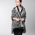 Top Grade Jacquard Weave Wool Thicken Shawls Rex Rabbit Fur Scarf Women Pashmina Cape - Gray