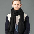 Top Grade Long Solid Color Wool Scarf Man Winter Thicken Cashmere Large Tassels Muffler - Black