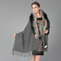 Top Grade Solid Color Wool Shawls Whole Fox Fur Scarf Women Cashmere Thicken Tassels Cape - Dark Gray
