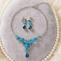 High Quality Fashion Wedding Jewelry Sets Flower Blue Crystal Earrings & Bridal Pendant Necklace
