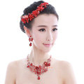 Luxury Wedding Jewelry Sets for Bridal Red Crystal Flower Tiara & Earrings & Butterfly Necklace