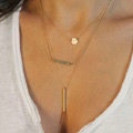 Fashion Retro Women Gold-plated Crystal Beads Metal Bar Sequins Three layer Necklace Clavicle Chain