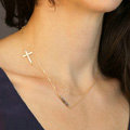 High quality Fashion Women Gold-plated Double layer Metal Cross Crystal Beads Necklace Clavicle Chain