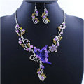 Vintage Wedding Bridal Jewelry Purple Rhinestone Butterfly Floral Gold Plated Chain Necklace Earrings Set