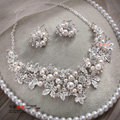 Wedding Jewellery Pearl Crystal Rhinestone Alloy Flower Bridal Necklace Earrings Sets Silver Plated
