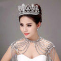 Luxurious Bride Wedding Necklace Crystal Tassel Bridal Rhinestone Shoulder Chain & Big Tiara Jewelry
