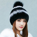 Calssic Winter Real Rabbit Fur Hat With Fox Fur Ball Women Knitted Casual Snow Caps - Black White