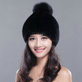 Calssic Winter Real Rabbit Fur Hat With Fox Fur Ball Women Knitted Casual Snow Caps - Black