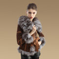 Cool Genuine Pig Leather Coat With Large Fox Fur Collar Women Winter Belt Fur Jacket - Camel