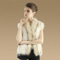 Elegant Genuine Knitted Rabbit Fur Waistcoat With Raccoon Fur Collar Women Warm Vest - Beige