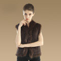 Elegant Genuine Knitted Rabbit Fur Waistcoat With Raccoon Fur Collar Women Warm Vest - Coffee
