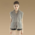 Elegant Genuine Knitted Rabbit Fur Waistcoat With Raccoon Fur Collar Women Warm Vest - Grey