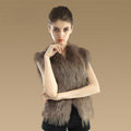 Elegant Genuine Knitted Rabbit Fur Waistcoat With Raccoon Fur Collar Women Warm Vest - Khaki