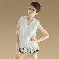 European Women Fashion Knitted Rabbit Fur Waistcoat With Raccoon Fur Tassels Vest - White