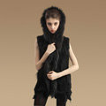 Fashion Queen Real Rabbit Fur Vests Warm kint Women's Raccoon Fur Hooded Waistcoat - Black