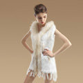 Fashion Queen Real Rabbit Fur Vests Warm kint Women's Raccoon Fur Hooded Waistcoat - White