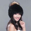 Fashion Winter Real Whole Rabbit Fur Hat With Raccoon Fur Ball Women Knitted Beanies Hat - Black