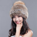 Fashion Winter Real Whole Rabbit Fur Hat With Raccoon Fur Ball Women Knitted Beanies Hat - Brown