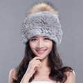 Fashion Winter Real Whole Rabbit Fur Hat With Raccoon Fur Ball Women Knitted Beanies Hat - Grey