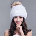 Fashion Winter Real Whole Rabbit Fur Hat With Raccoon Fur Ball Women Knitted Beanies Hat - White