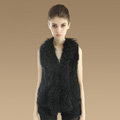 Genuine Knitted Rabbit Fur Vest With Delicate Mongolia Sheep Fur Collar Women Jacket - Black