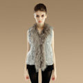 Genuine Knitted Rabbit Fur Vest With Delicate Mongolia Sheep Fur Collar Women Jacket - Grey