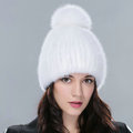 Genuine Whole Mink Fur Hats With Fox Fur Ball Women Winter Knitted Beanies Cap - Pure White