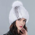Genuine Whole Mink Fur Hats With Fox Fur Ball Women Winter Knitted Beanies Cap - White Grey