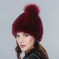 Genuine Whole Mink Fur Hats With Fox Fur Ball Women Winter Knitted Beanies Cap - Wine Red