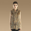 Gorgeous Genuine Knitted Rabbit Fur Vest With Raccoon Fur Collar Women Long Fur Gilet - Brown
