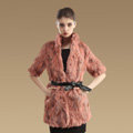 High Quality Natural Rabbit Fur Coat Women Fashion Long Stand Collar Fur Outerwear - Pink