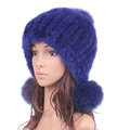 High Quality Real Mink Fur Hat With Fox Fur Balls Women Winter Knitted Beanies Dome Caps - Blue