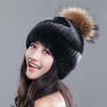 High Quality Winter Real Rabbit Fur Hat With Raccoon Fur Ball Women Knitted Snow Caps - Black Grey