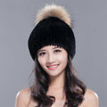 High Quality Winter Real Rabbit Fur Hat With Raccoon Fur Ball Women Knitted Snow Caps - Black