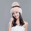 High Quality Winter Real Rabbit Fur Hat With Raccoon Fur Ball Women Knitted Snow Caps - Pink