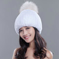High Quality Winter Real Rabbit Fur Hat With Raccoon Fur Ball Women Knitted Snow Caps - White