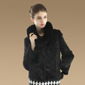 Hot sales Genuine Rabbit Fur Coat With Fox Fur Collar Jacket Fashion Women Fur Outwear - Black