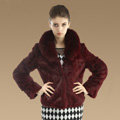 Hot sales Genuine Rabbit Fur Coat With Fox Fur Collar Jacket Fashion Women Fur Outwear - Wine Red