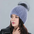 Hot sales Genuine Whole Mink Fur Hats With Fox Fur Ball Women Winter Knitted Beanies Cap - Blue