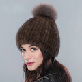 Hot sales Genuine Whole Mink Fur Hats With Fox Fur Ball Women Winter Knitted Beanies Cap - Coffee