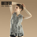 Luxury Fashion Knitted Rabbit Fur Waistcoat With Raccoon Fur Tassels Women Gliet - Nature Grey