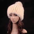 Luxury Genuine Whole Mink Fur Hats With Fox Fur Ball Women Winter Knitted Beanies - Beige Yellow