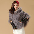 Luxury Raccoon Fur Collar Autumn Winter Rabbit Fur Shawl Poncho With Hoody Women Knitted Pullovers Grey