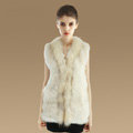 New Genuine Knitted Rabbit Fur Vest With Raccoon Fur Collar Women Long Fur Gilet - Beige