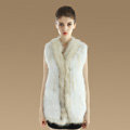 New Genuine Knitted Rabbit Fur Vest With Raccoon Fur Collar Women Long Fur Gilet - White