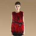 New Genuine Real Raccoon Fur Vest Fashion Women Medium-long With Belt Fur Waistcoat - Red