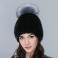 New Genuine Whole Mink Fur Hats With Silver Fox Fur Ball Women Winter Knitted Beanies Cap - Black