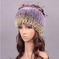 New Women Winter Knitted Beanies Genuine Rex Rabbit Fur Hat With Fox Fur Flower Top Hat - Purple