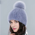 Top Quality Genuine Whole Mink Fur Hats With Fox Fur Ball Women Winter Knitted Beanies - Blue